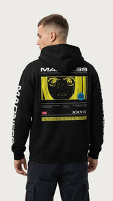 Black Madness Hoodie by Yūjin Clothing featuring bold graphic design and comfortable fit, perfect for casual wear.