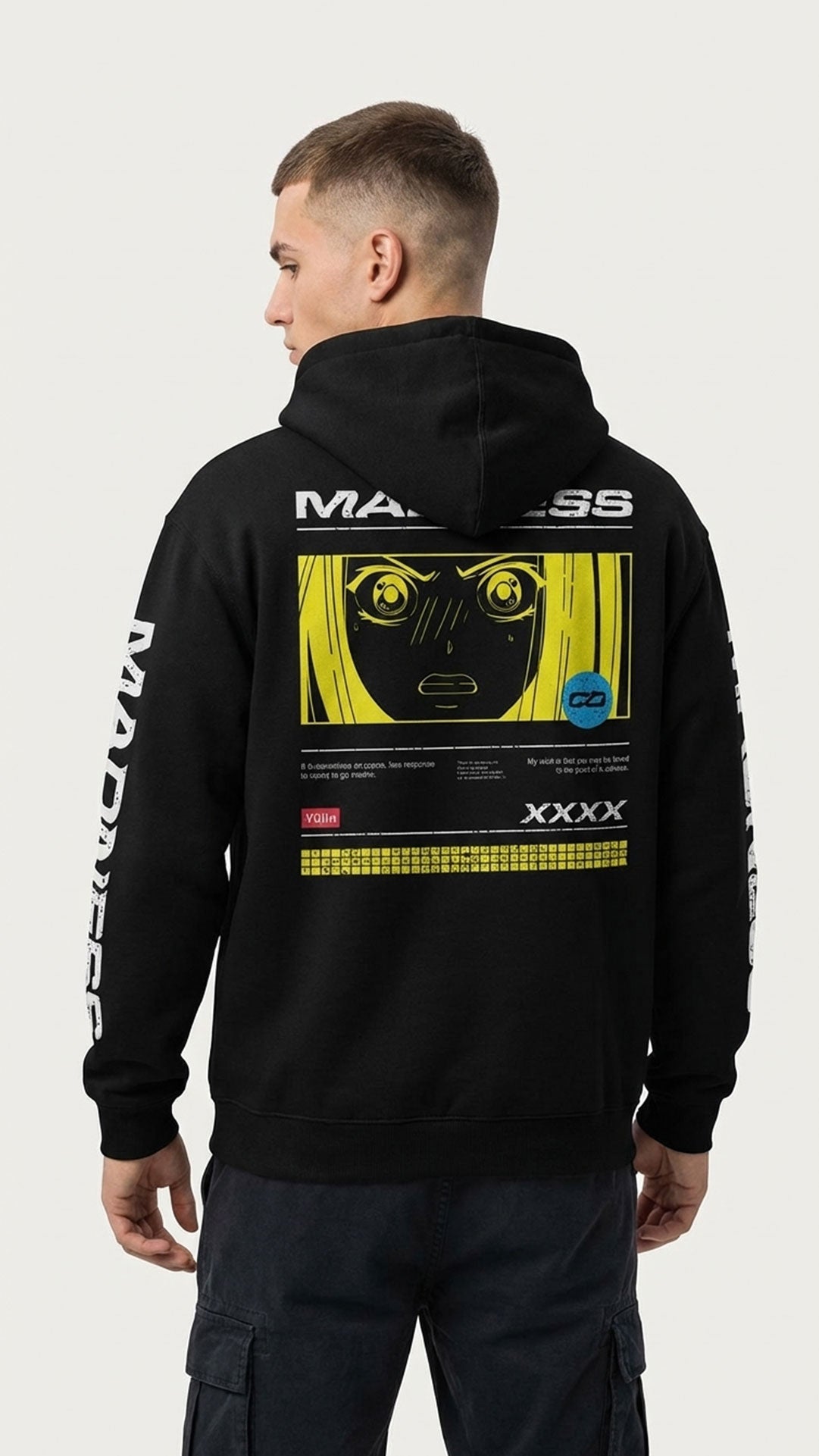 Black Madness Hoodie by Yūjin Clothing featuring bold graphic design and comfortable fit, perfect for casual wear.