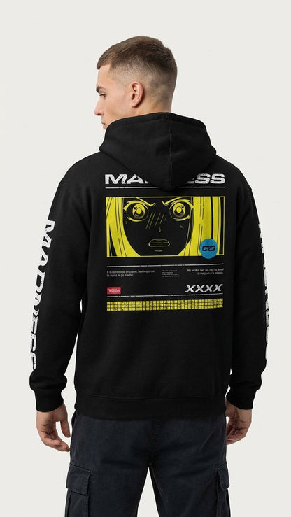 Black Madness Hoodie by Yūjin Clothing featuring bold graphic design and comfortable fit, perfect for casual wear.