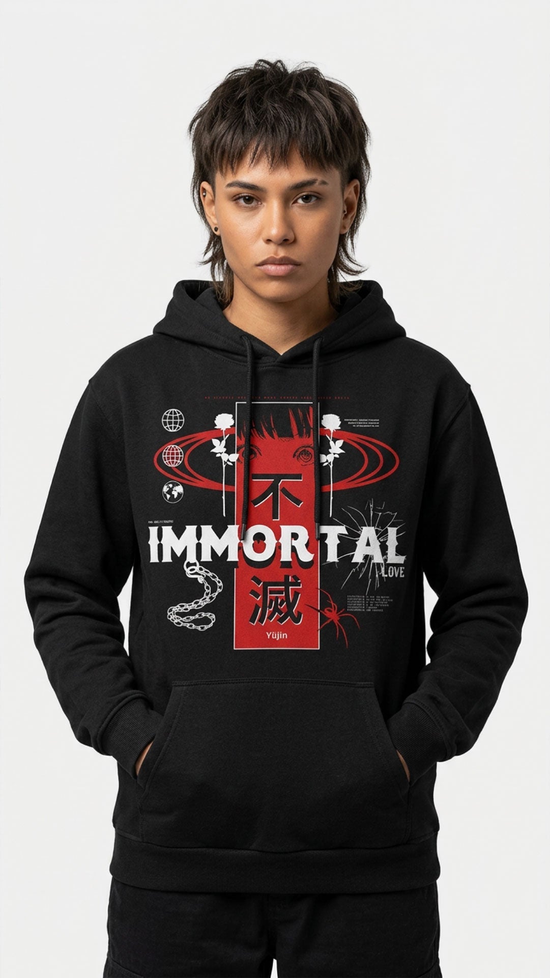 Black Yūjin Clothing Immortal Love hoodie with front graphic and adjustable drawstrings, casual streetwear style.