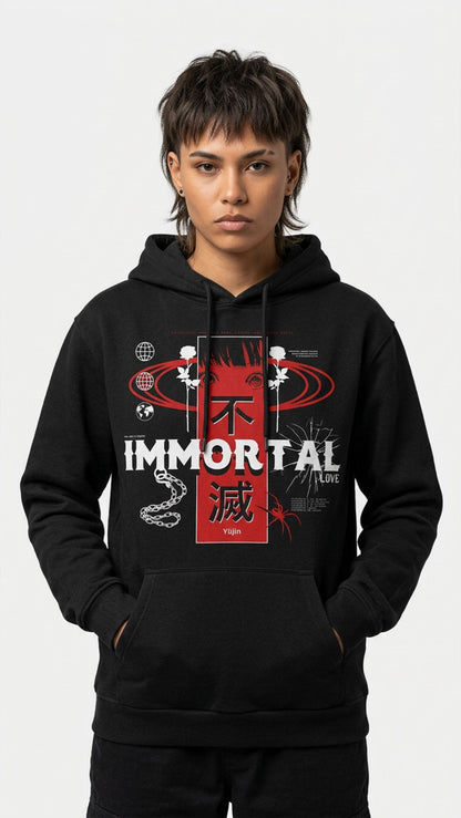 Black Yūjin Clothing Immortal Love hoodie with front graphic and adjustable drawstrings, casual streetwear style.