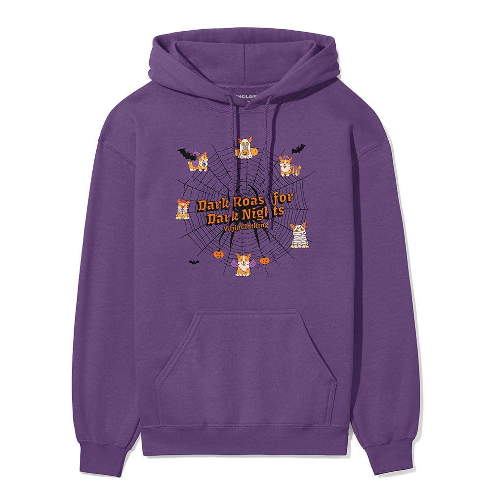 Dark Roasts Hoodie by Yūjin Clothing featuring a comfortable black hoodie with a bold dark roast coffee design.