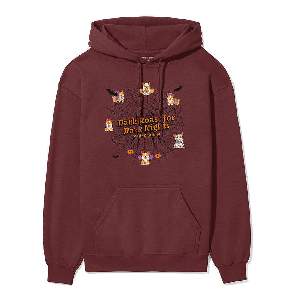 Dark Roasts Hoodie by Yūjin Clothing, featuring a cozy black hoodie with a minimalist dark roast coffee design.
