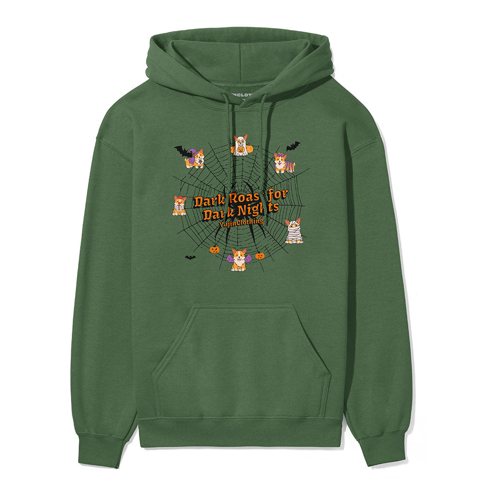 Dark Roasts Hoodie by Yūjin Clothing featuring a comfortable black hoodie with a minimalist dark roast coffee print.