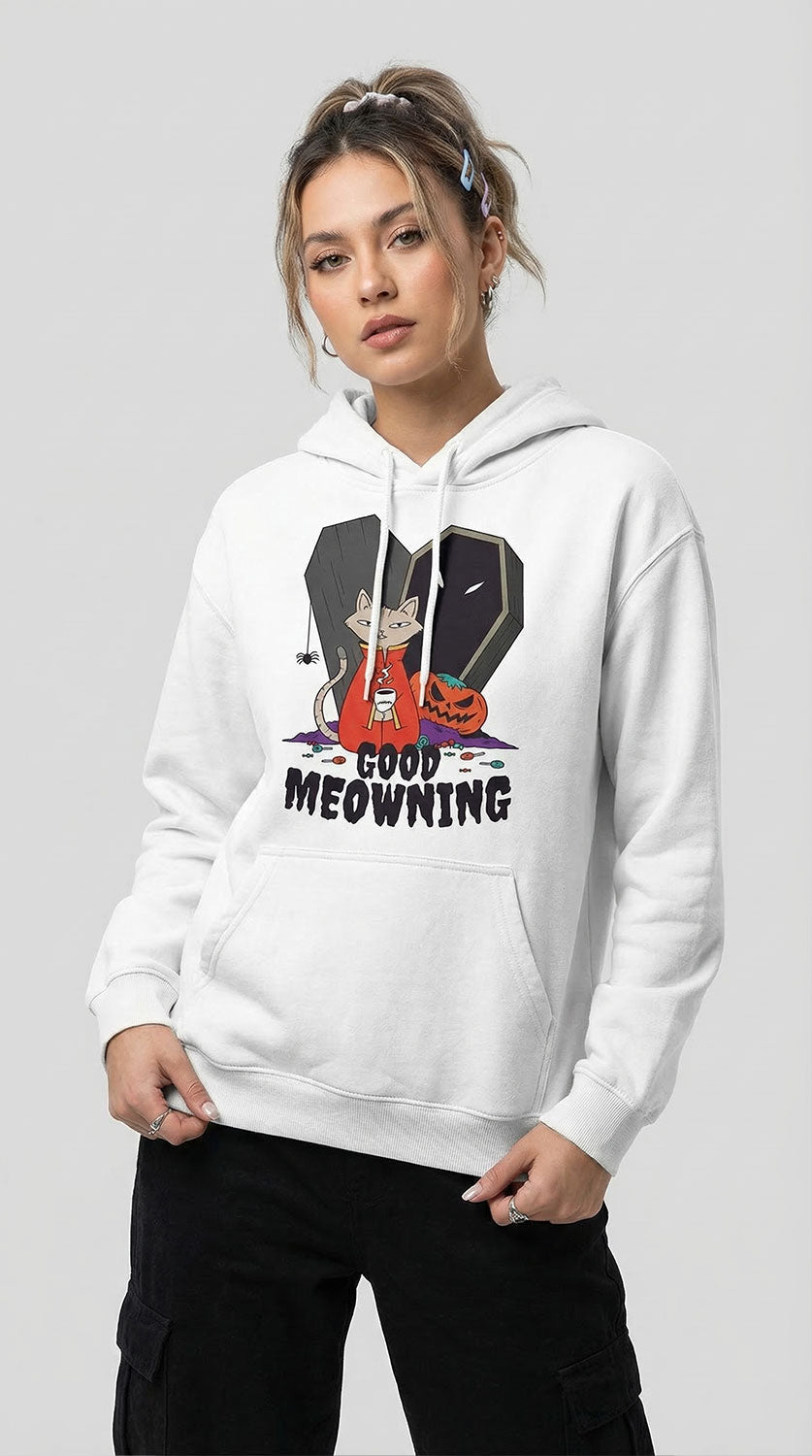 Yellow Good Meowning hoodie by Yūjin Clothing featuring a comfortable fit and playful cat-themed design.