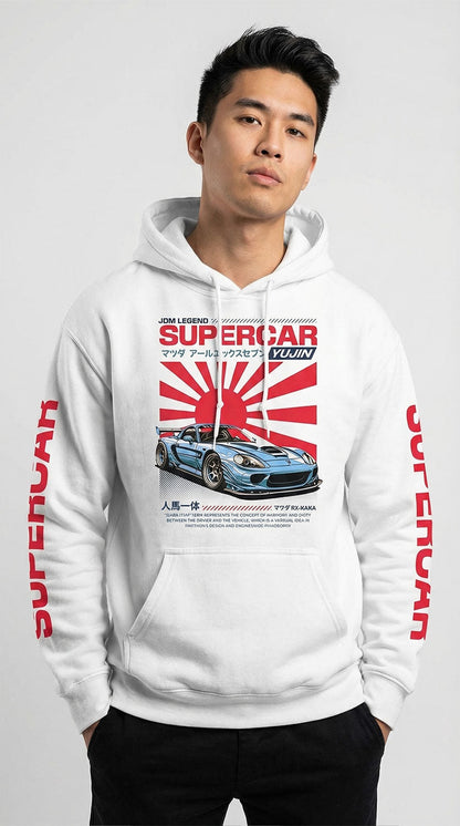 Yūjin Clothing Japanese Supercar Hoodie showing a stylish hoodie with Japanese-inspired supercar graphic design.