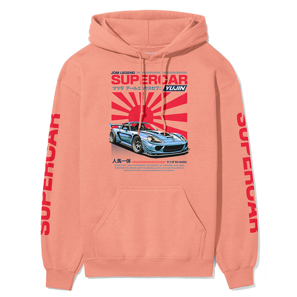 Yūjin Clothing Japanese Supercar Hoodie featuring a sleek supercar graphic on a comfortable black hoodie.