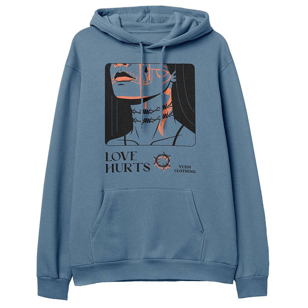 Yūjin Clothing Love Hurts hoodie featuring a comfortable fit and graphic design, perfect for casual wear and stylish streetwear.