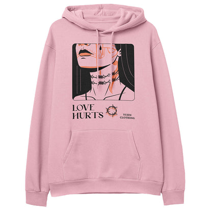 Yūjin Clothing Love Hurts hoodie featuring a comfortable fit and graphic design, perfect for casual wear and street fashion.
