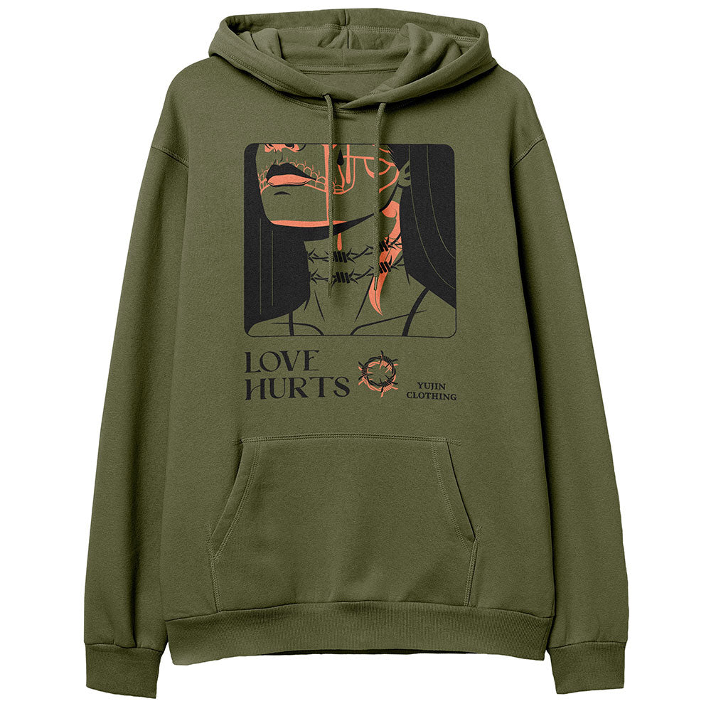 Yūjin Clothing Love Hurts hoodie featuring a casual design with a front print and comfortable fit, made from soft fabric.
