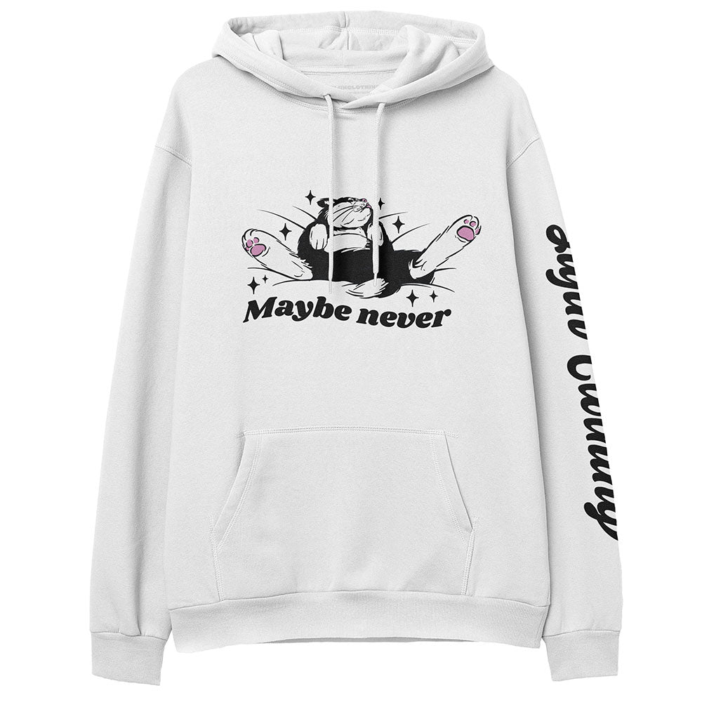 Yūjin Clothing Maybe Never hoodie, black casual hoodie with front pocket and drawstring hood, soft fabric for comfortable wear.