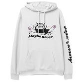 Yūjin Clothing Maybe Never hoodie, black casual hoodie with front pocket and drawstring hood, soft fabric for comfortable wear.