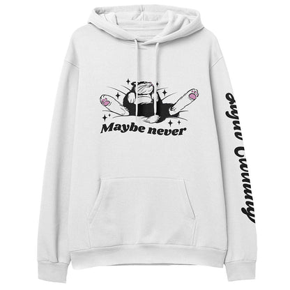 Yūjin Clothing Maybe Never hoodie, black casual hoodie with front pocket and drawstring hood, soft fabric for comfortable wear.