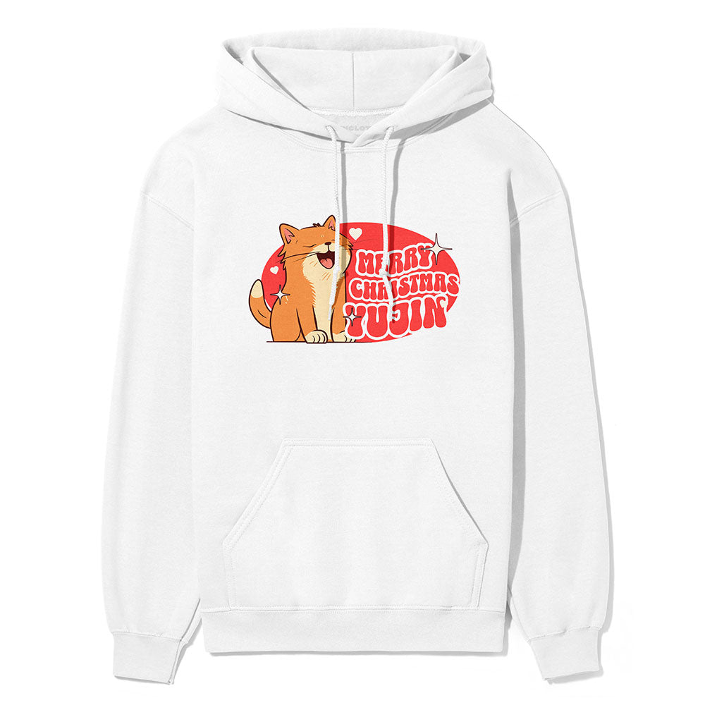 Yūjin Clothing Merry Christmas cat hoodie featuring festive holiday design and cozy fabric, perfect for holiday wear.
