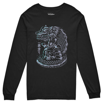 Yūjin Clothing Dragon Legend long sleeve T-shirt featuring a detailed dragon graphic on black fabric.