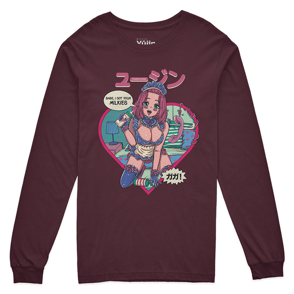 Got Your Milkies long sleeve T-shirt by Yūjin Clothing, featuring soft fabric and a casual fit with milk-themed graphic design.