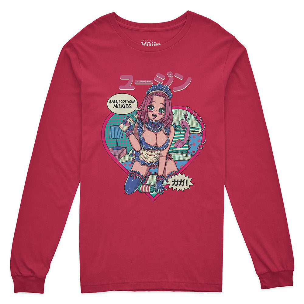 Yūjin Clothing Got Your Milkies long sleeve T-shirt in white with bold black graphic print, casual and comfortable for everyday wear.