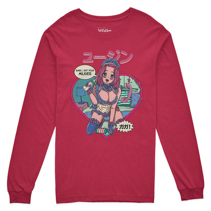 Yūjin Clothing Got Your Milkies long sleeve T-shirt in white with bold black graphic print, casual and comfortable for everyday wear.