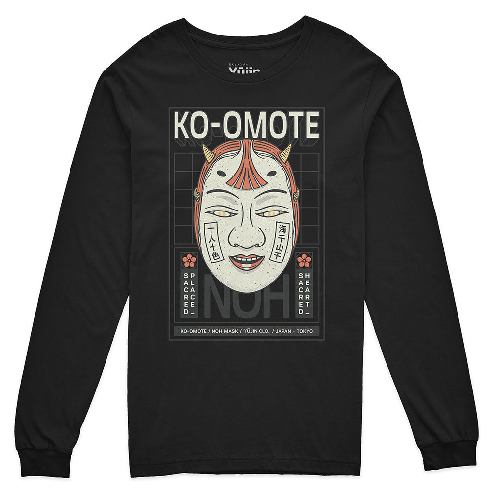 Yūjin Clothing Ko-Omote long sleeve T-shirt in black, featuring a comfortable fit and minimalist design, displayed on a hanger.