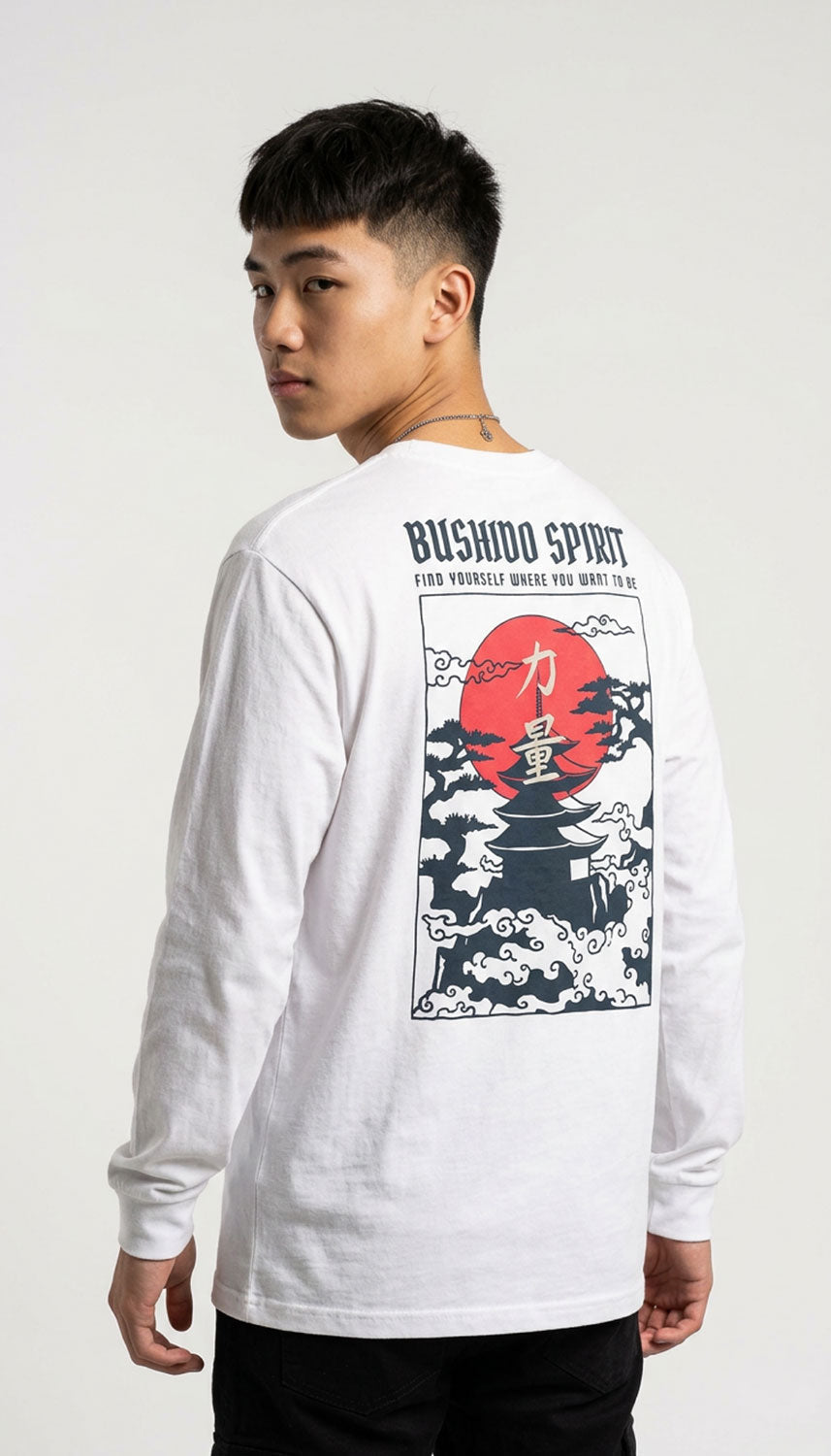 Yūjin Clothing Bushido long sleeve T-shirt with traditional Japanese design, made from comfortable fabric for casual wear.