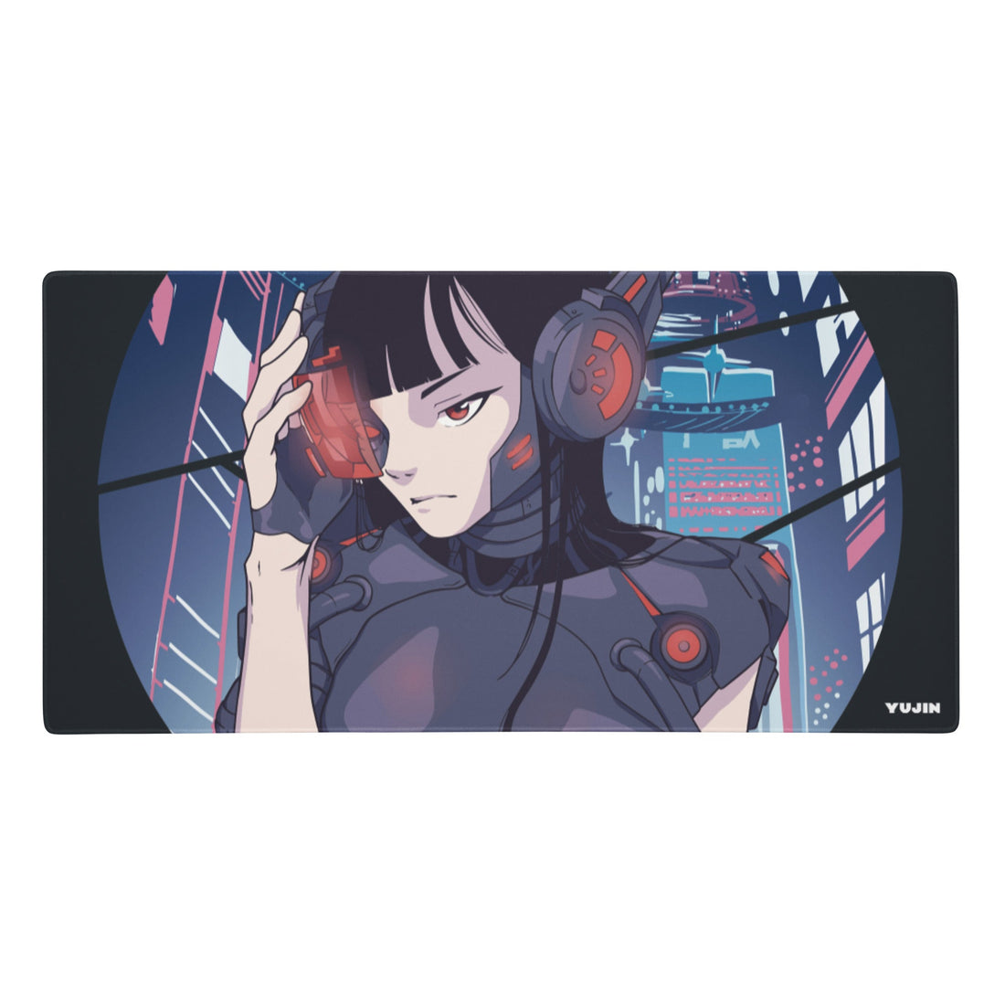 Cyberpunk Girl gaming mouse pad by Yūjin Clothing featuring vibrant, futuristic artwork and a smooth surface for gaming comfort.