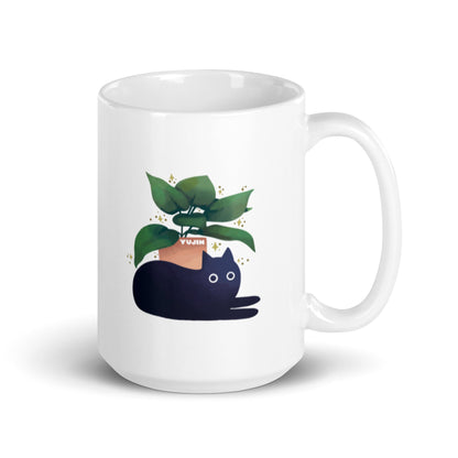 Yūjin Clothing chilling cat mug showing a relaxed cat illustration on a ceramic mug, perfect for cat lovers.