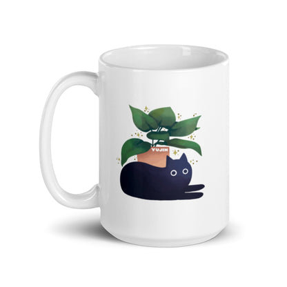 Yūjin Clothing Chilling Cat Mug featuring a relaxed cat illustration on a ceramic mug for cat lovers and coffee enthusiasts.