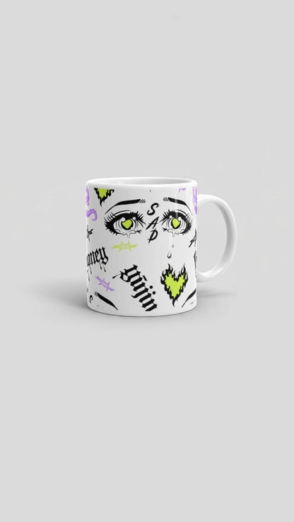 Yūjin Clothing honey-themed ceramic mug with a smooth handle and printed honeybee design, perfect for hot beverages.