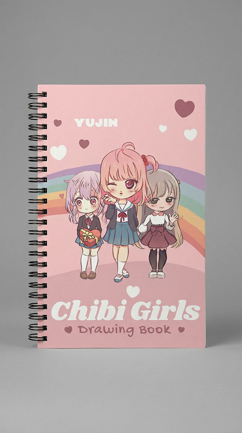 Yūjin Clothing Chibi Girls drawing notebook featuring cute chibi girl illustrations on the cover, ideal for sketches and notes.