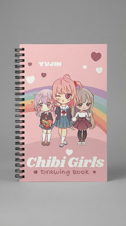 Yūjin Clothing Chibi Girls drawing notebook featuring cute chibi girl illustrations on the cover, ideal for sketches and notes.