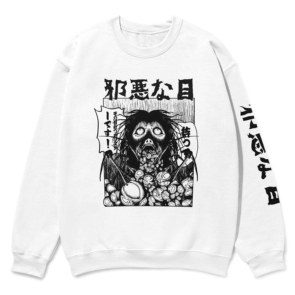 Yūjin Clothing Evil Eyes sweatshirt featuring a bold evil eye graphic design on soft, comfortable fabric.