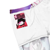 Yūjin Clothing Good vs Evil swim trunks, short style with bold graphic design in black and white for beach or pool wear.