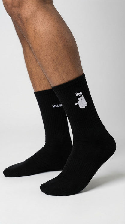 Yūjin Clothing Boo Cat socks featuring playful black and white cat patterns on soft, comfortable sock fabric.