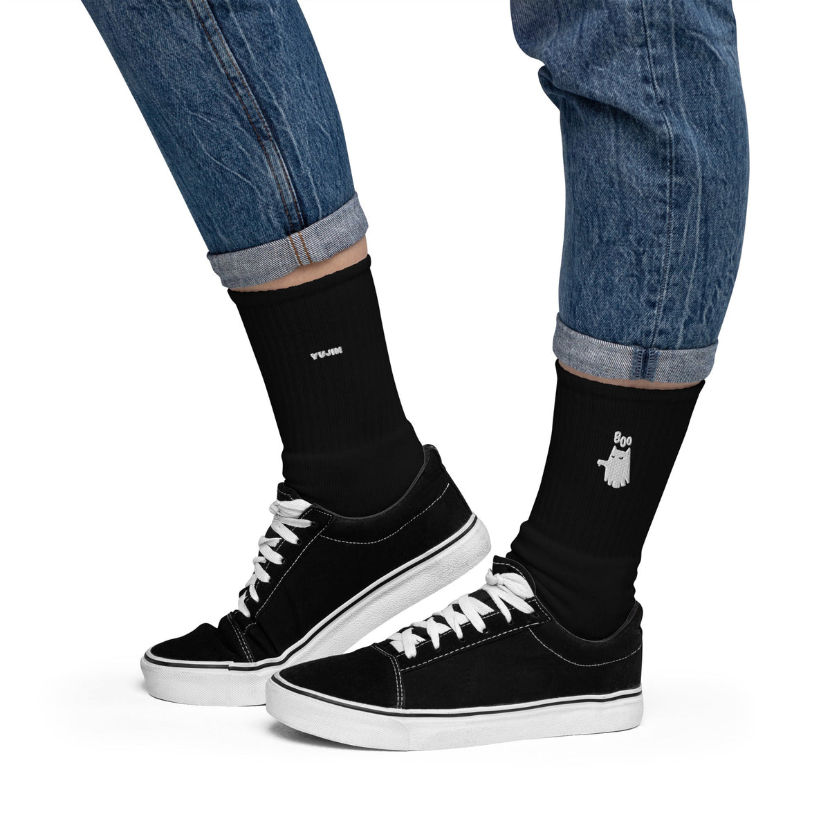 Yūjin Clothing Boo cat socks featuring playful black and white cat designs on soft, comfortable sock material.