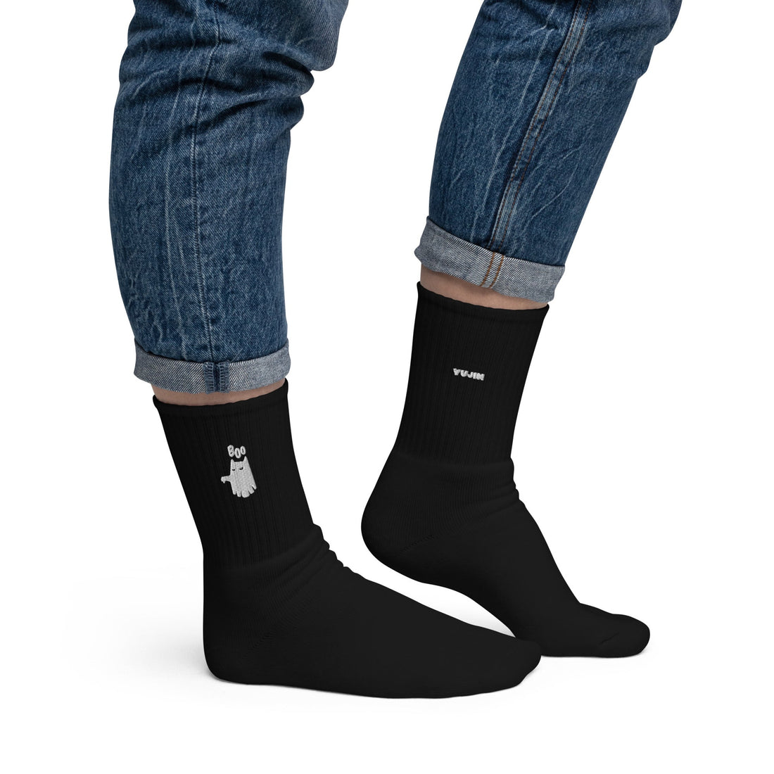 Yūjin Clothing Boo Cat socks featuring playful black and white cat designs on soft, comfortable sock fabric.