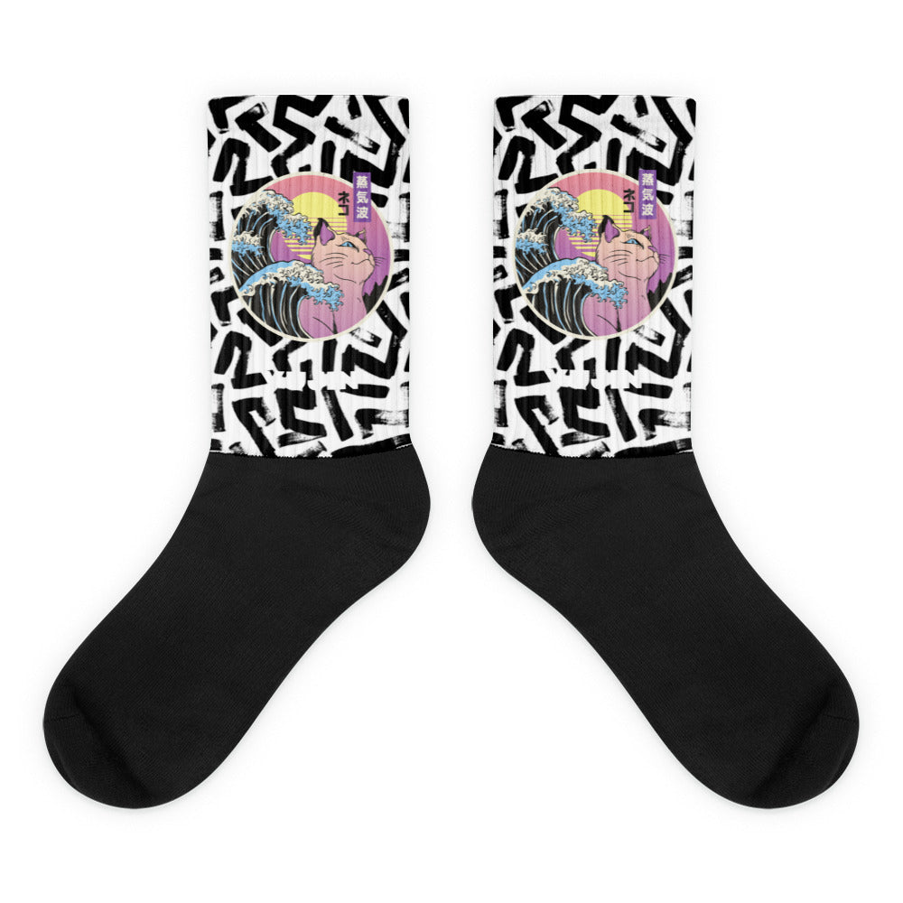 Japanese Vaporwave cat socks by Yūjin Clothing featuring vibrant, retro-inspired cat designs on comfortable sock fabric.