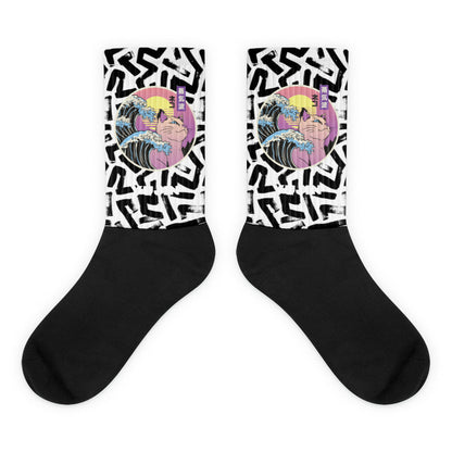 Japanese Vaporwave cat socks by Yūjin Clothing featuring vibrant, retro-inspired cat designs on comfortable sock fabric.