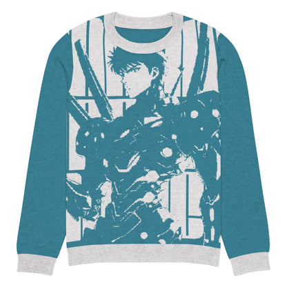 Yūjin Clothing Future Warrior knitted sweatshirt featuring a bold graphic design and comfortable fit, ideal for casual wear.