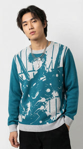 Yūjin Clothing Future Warrior knitted sweatshirt showing a cozy, stylish gray sweatshirt with a modern design and ribbed cuffs.