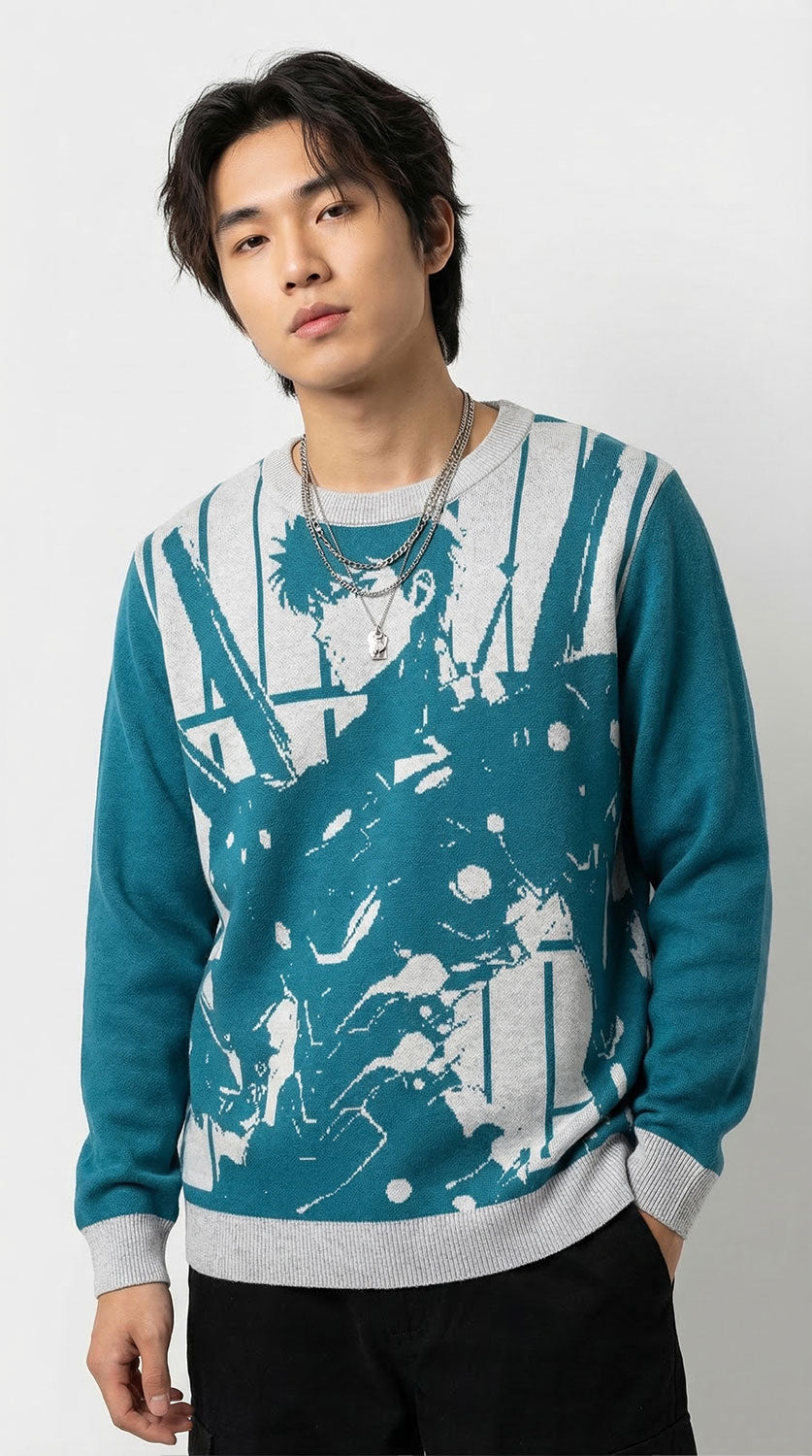 Yūjin Clothing Future Warrior knitted sweatshirt showing a cozy, stylish gray sweatshirt with a modern design and ribbed cuffs.