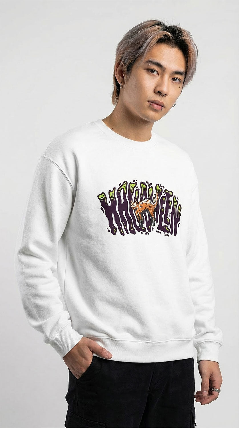 Black Halloween sweatshirt by Yūjin Clothing featuring spooky graphic print and comfortable fabric for festive seasonal wear.