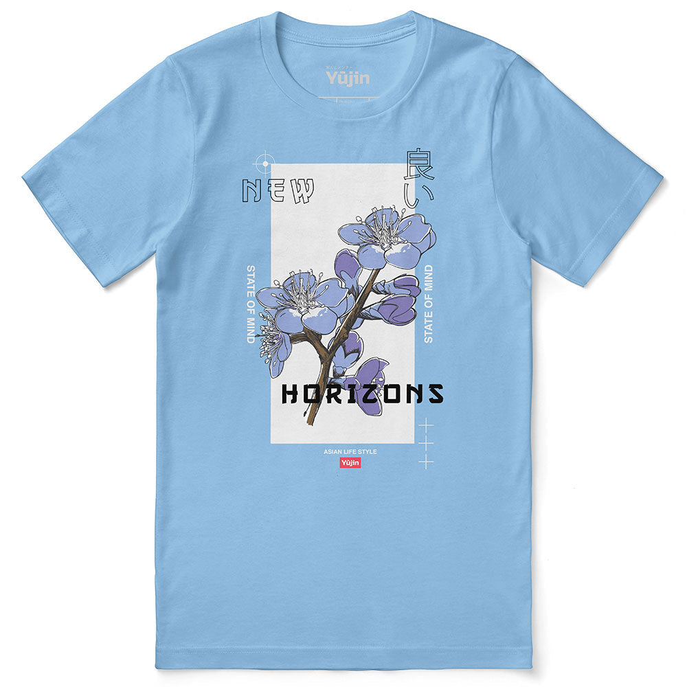 Yūjin Clothing Horizons T-Shirt featuring a colorful graphic design, casual fit, and comfortable fabric on a plain background.