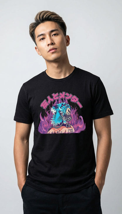 Yūjin Clothing Flames T-Shirt featuring a bold flame graphic on black cotton fabric, casual and stylish for everyday wear.