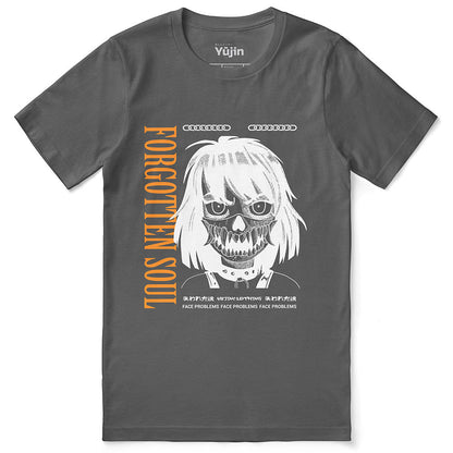 Yūjin Clothing Forgotten Soul T-Shirt featuring a graphic print of a mystical design on a black cotton T-shirt.