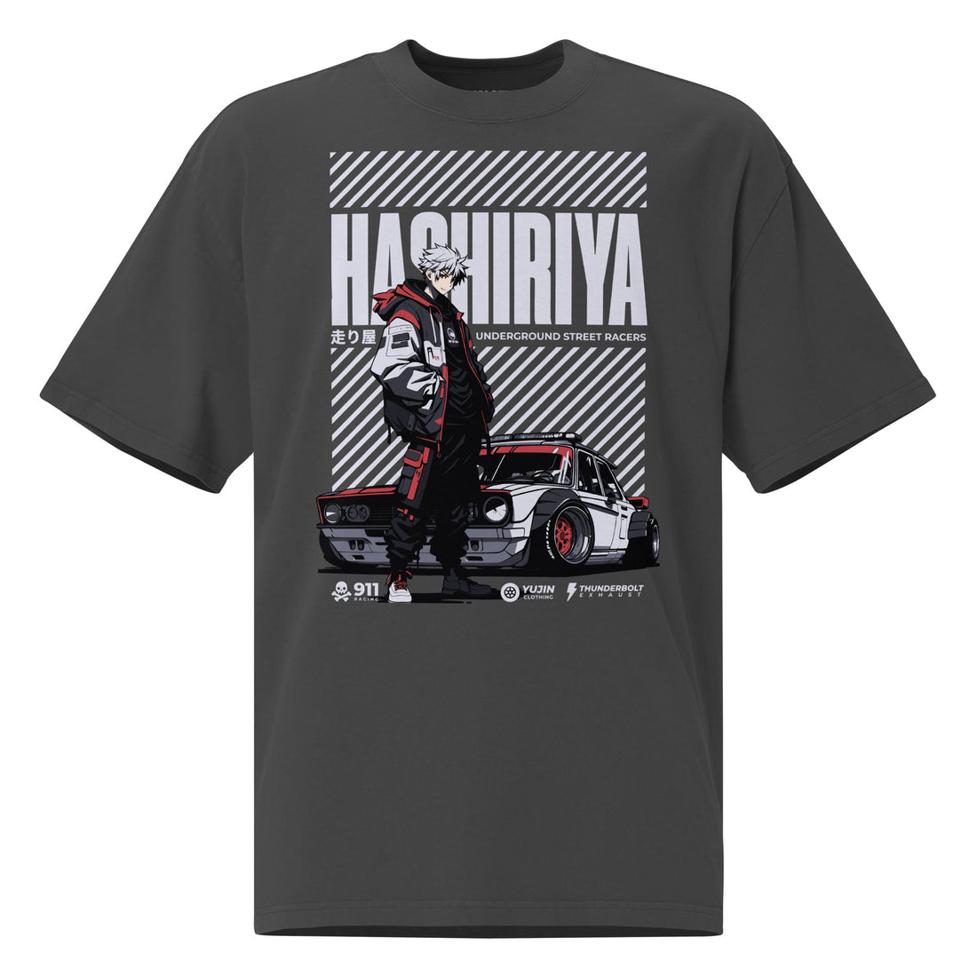 Yūjin Clothing Hashiriya oversized T-shirt with faded vintage car graphic, soft fabric, and relaxed fit for casual streetwear style.