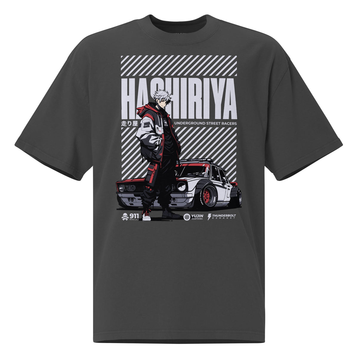 Yūjin Clothing Hashiriya oversized T-shirt with faded vintage car graphic, soft fabric, and relaxed fit for casual streetwear style.