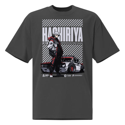 Yūjin Clothing Hashiriya oversized T-shirt with faded vintage car graphic, soft fabric, and relaxed fit for casual streetwear style.