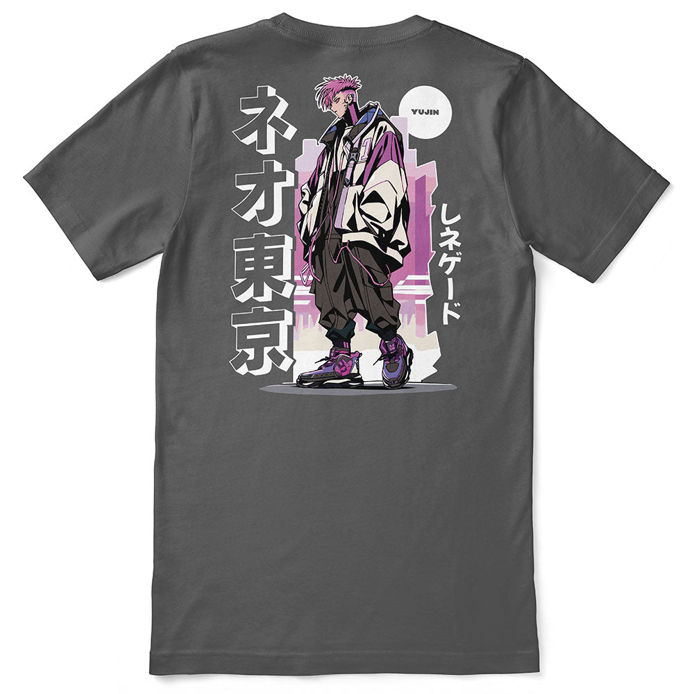 Cyberpunk King T-Shirt by Yūjin Clothing featuring futuristic design and vibrant colors, displayed on a mannequin.