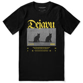 Dejavu Cat T-Shirt by Yūjin Clothing featuring a stylish cat graphic on a comfortable casual T-shirt.
