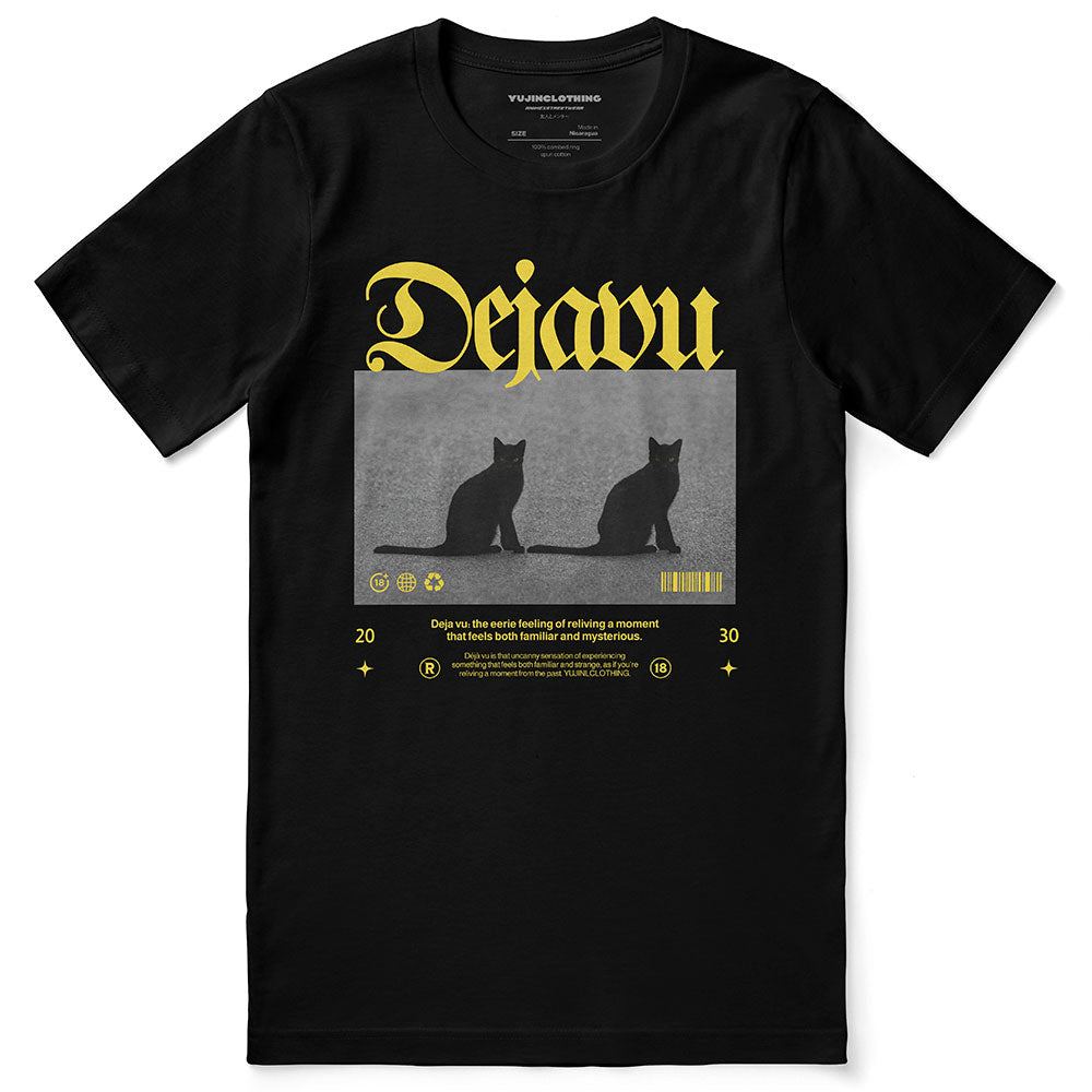 Dejavu Cat T-Shirt by Yūjin Clothing featuring a stylish cat graphic on a comfortable casual T-shirt.